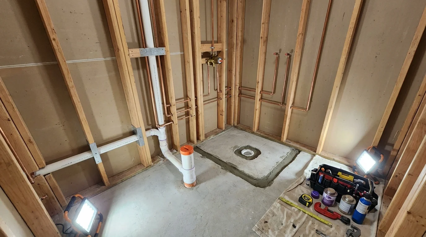 Bathroom rough-in plumbing during remodel by Johns Plumbing LLC in Prospect Heights