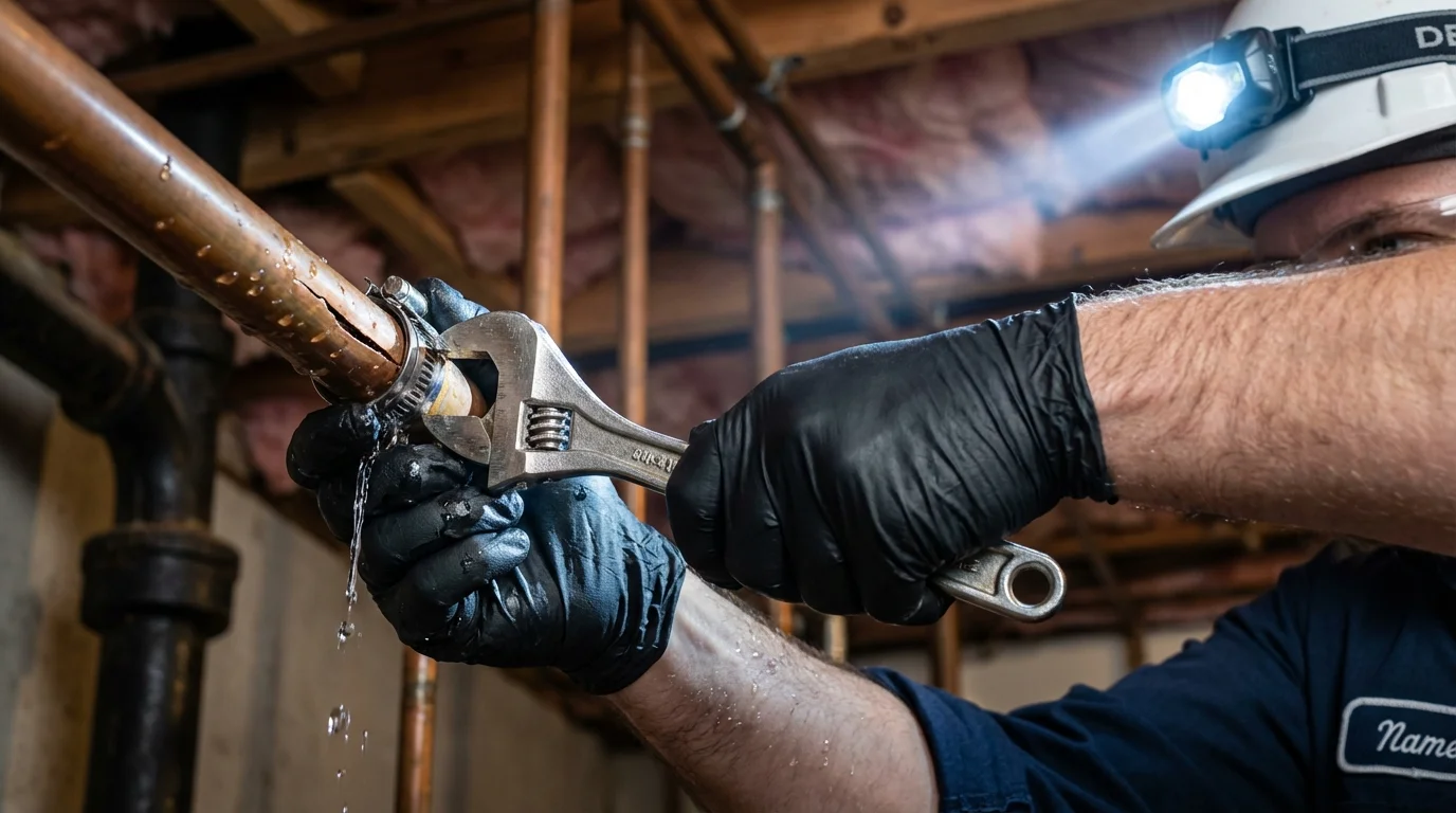 Emergency pipe clamp repair being performed by a Johns Plumbing LLC plumber in Prospect Heights