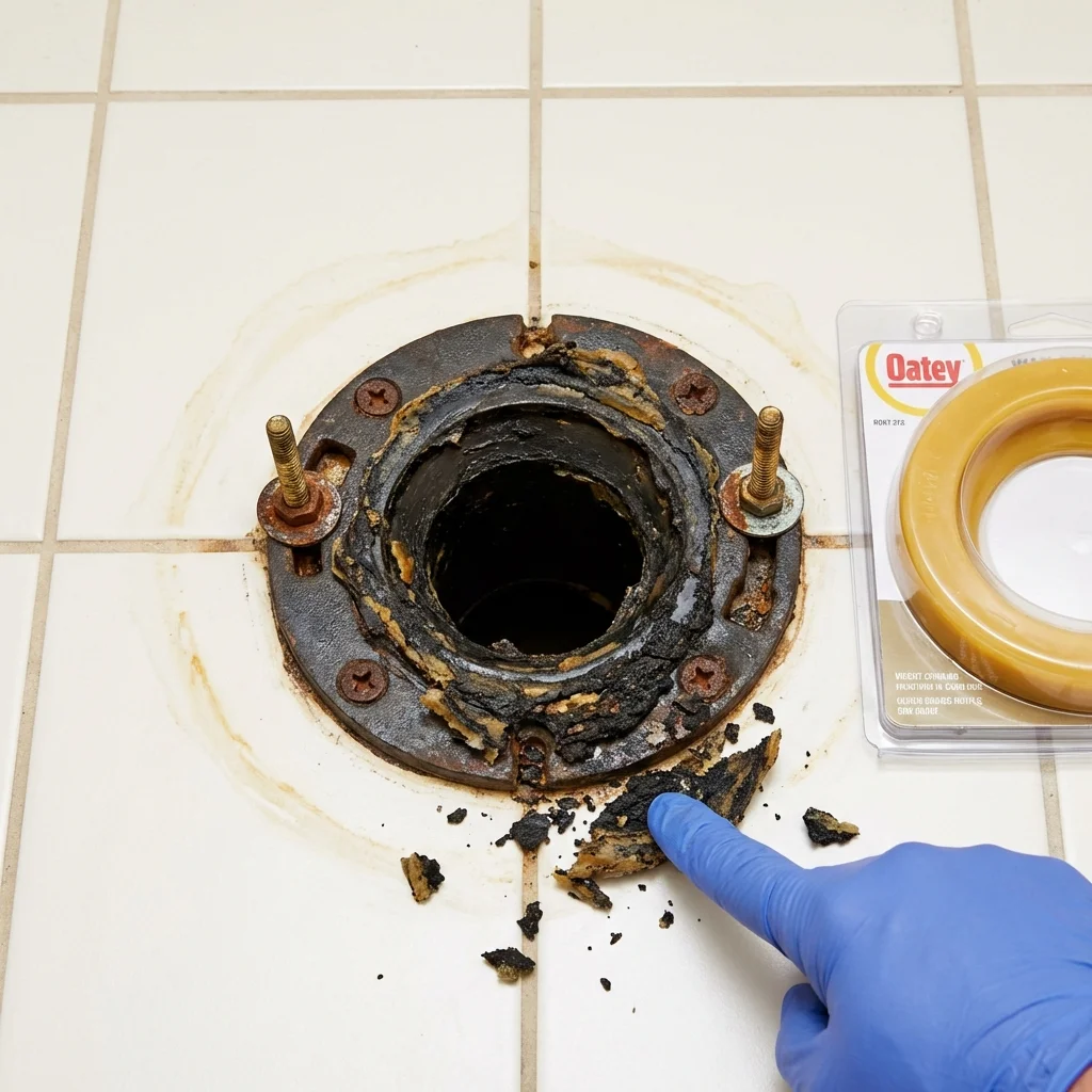 Failed wax ring showing water seepage at the base of a toilet in a Prospect Heights, IL home