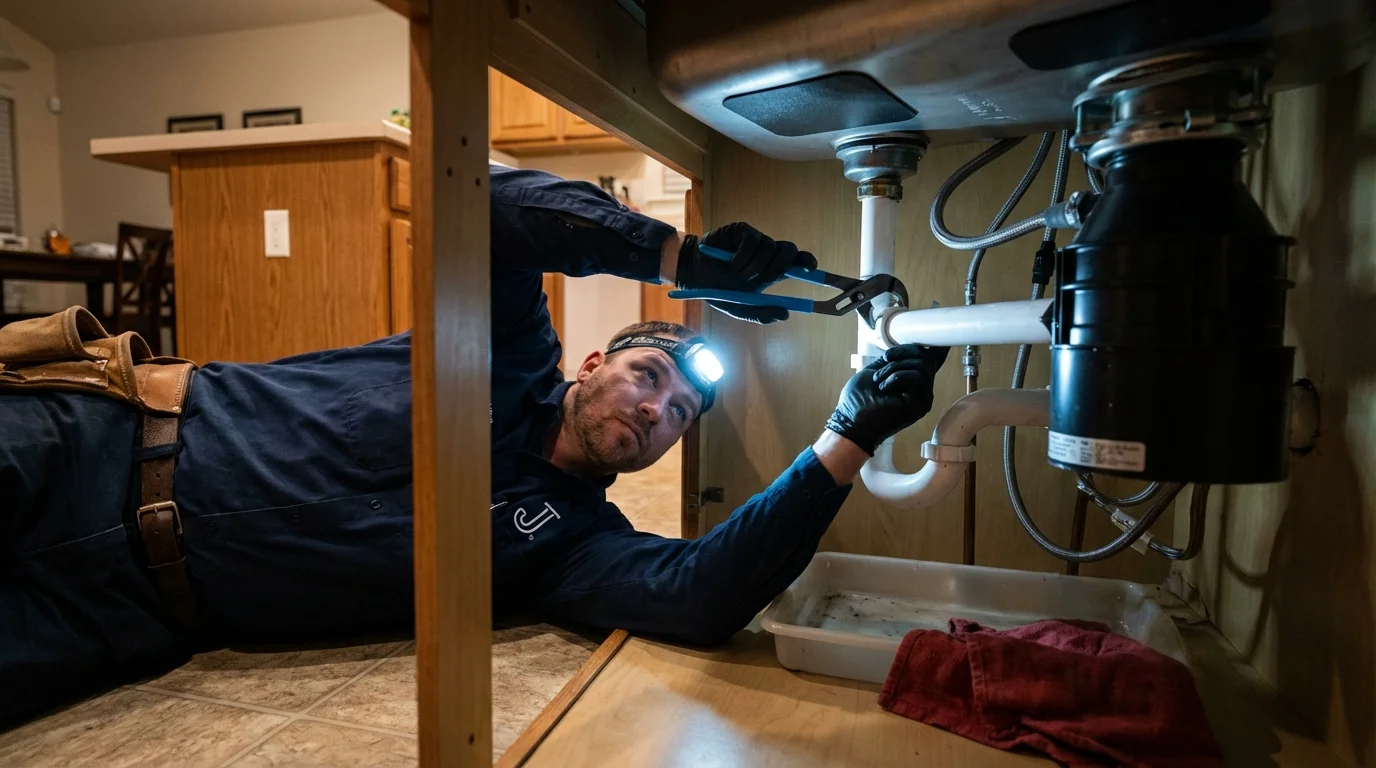 P-trap and supply line connections under a kitchen sink showing a common leak point in Prospect Heights, IL